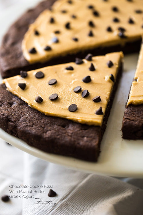 Chocolate Cookie Pizza with Salted Caramel Peanut Butter Greek Yogurt Frosting | Food Faith Fitness