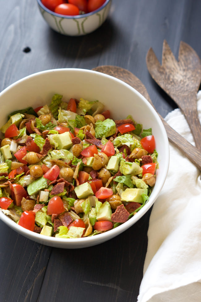 A favorite sandwich gets a pasta salad makeover! BLT Pasta Salad is a combination of bacon, tomatoes and lettuce with avocado added for one flavorful dish!
