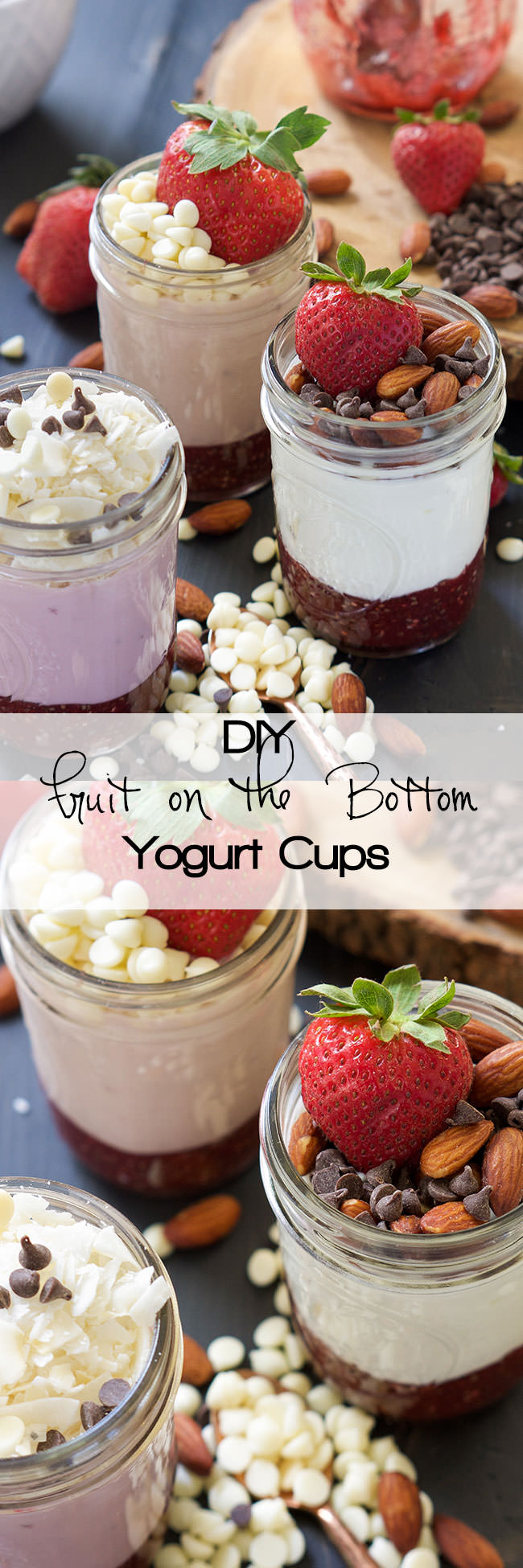 DIY Fruit on the Bottom Yogurt Cups are a healthy makeover of the store bought classic! A 3 ingredient chia seed fruit sauce is made then topped with your favorite yogurt and toppings of your choice!