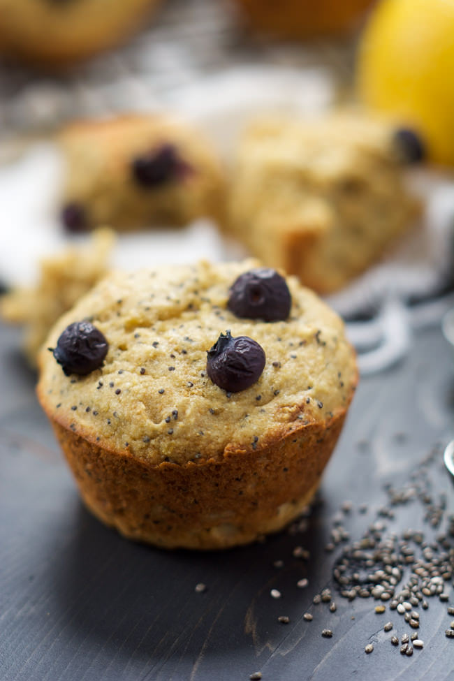 Sweet, nutty and full of blueberries; these Flourless Blueberry Lemon Poppyseed Muffins are the perfect on the go breakfast or ideal for a lazy Sunday morning Brunch! 