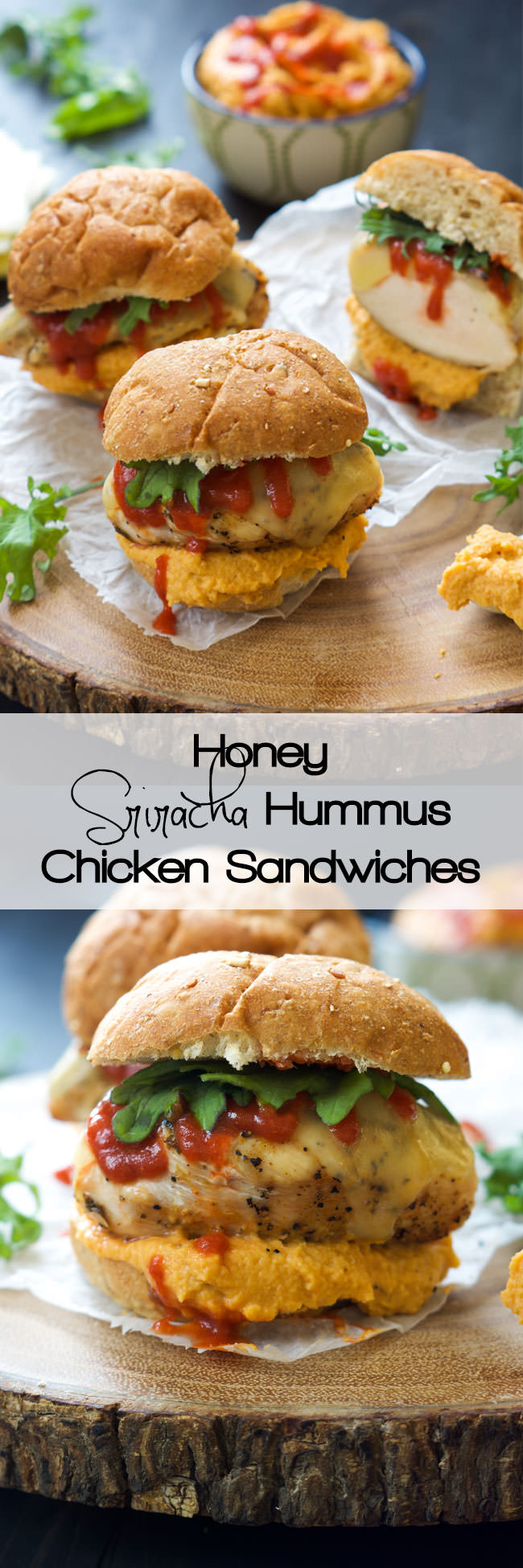 Sweet and spicy Honey Sriracha Hummus tops a juicy chicken sandwich loaded with gooey provolone for one flavorful bite!