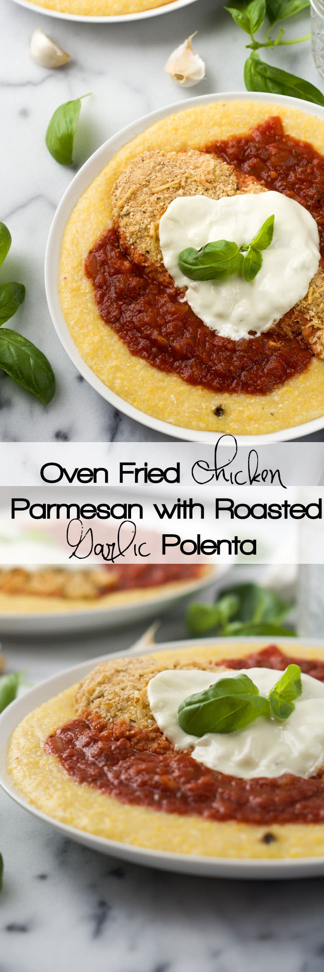 A healthy remake of a restaurant classic. Whole Wheat Chicken Parmesan is crispy and fully of flavor. Served in a bath of rustic tomato sauce and cheesy, roasted garlic grits!