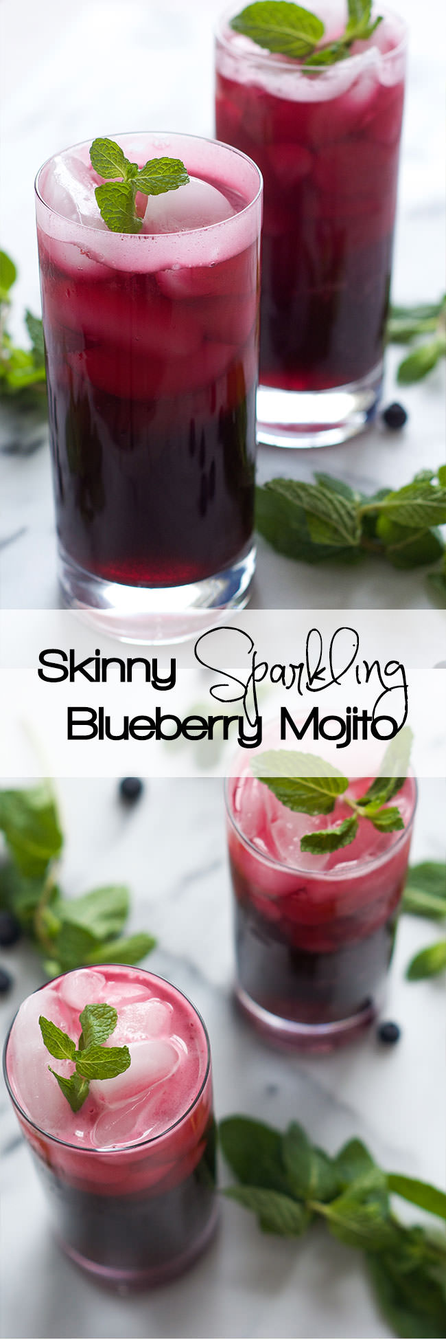 A fruity, summer staple just got made over! Skinny Sparkling Blueberry Mojito is fruity, minty and super refreshing when made with a homemade blueberry simple syrup and topped with sparkling water! 
