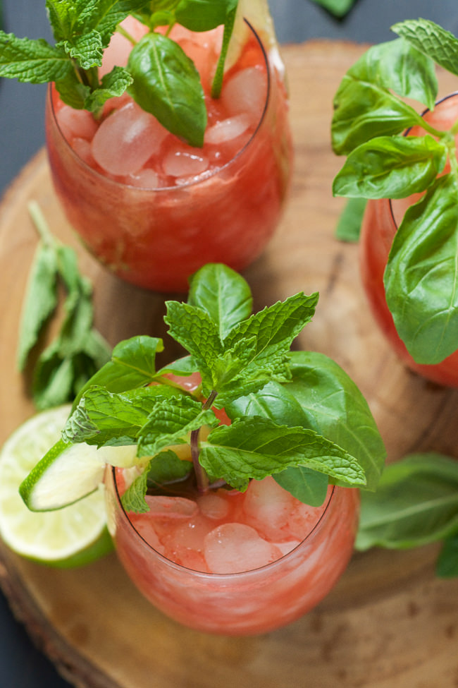 A refreshing and fruit filled drink! Skinny Watermelon Limeade is pureed watermelon and lime juice mixed with simple syrup for a light and healthy beverage!