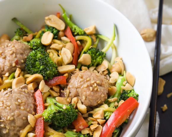 A quick soy and honey based sauce is tossed over Teriyaki Zucchini Noodles for a dinner that is full of sautéed veggies and Asian Meatballs! A lighter yet flavorful dish that comes together quickly!