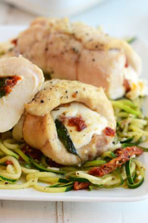 Caprese Stuffed Chicken Breasts with Garlic Zoodle Pasta | Fit Foodie Finds
