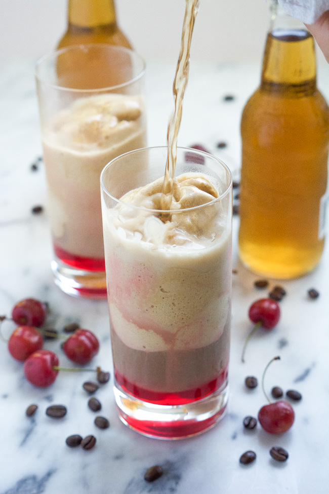 Cherry Vanilla and Salted Caramel Affogatos are a fancy take on ice cream floats! With cherries, salted caramel gelato, vanilla iced coffee and cream soda, this dessert is sure to hit the spot!