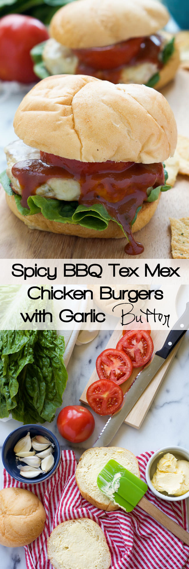 These Spicy BBQ Tex Mex Chicken Burgers are grilled to perfection and topped with spicy pepperjack cheese, juicy tomato and finished with a tangy BBQ ketchup. 