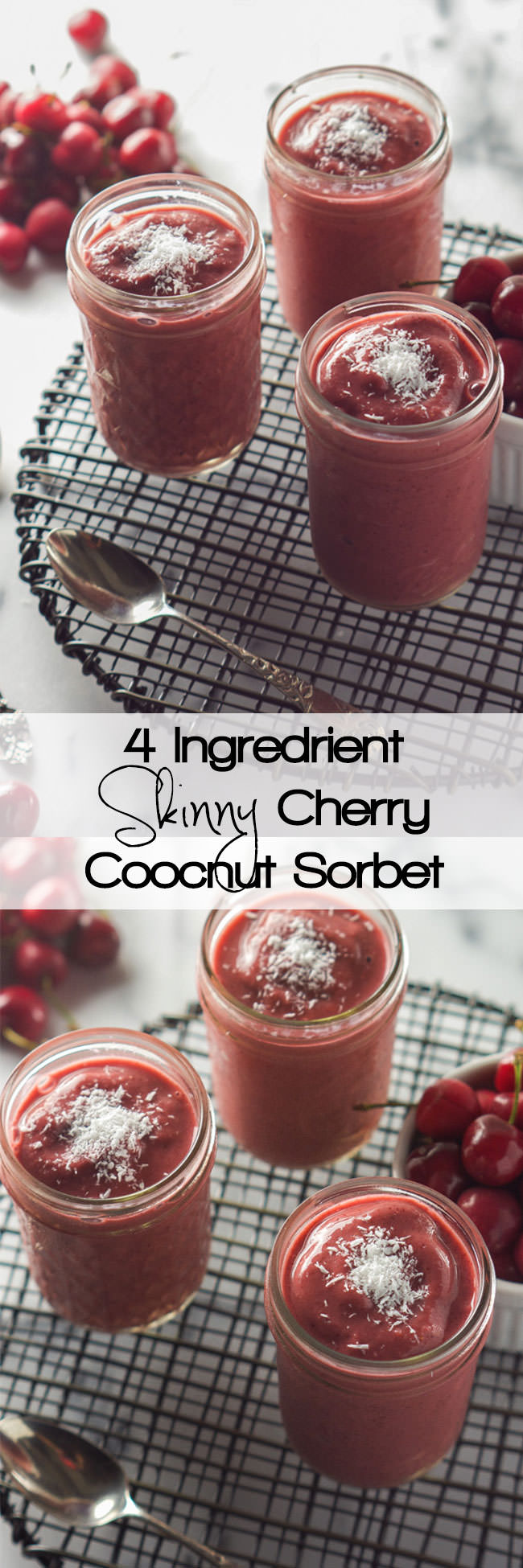 A warm weather dessert staple is only minutes away! Skinny Cherry Coconut Sorbet only has 4 healthy, natural ingredients and is full of fruity flavor!