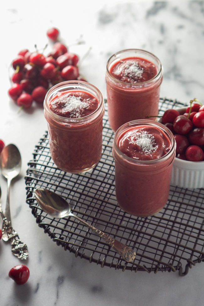 A warm weather dessert staple is only minutes away! Skinny Cherry Coconut Sorbet only has 4 healthy, natural ingredients and is full of fruity flavor!