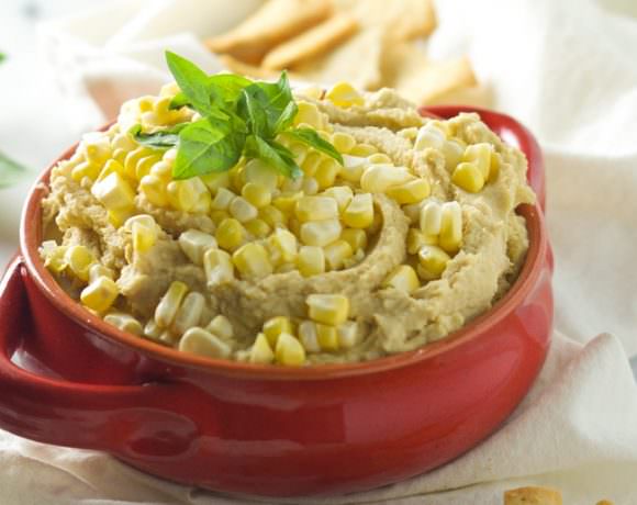 This Sweet Corn & Basil Hummus is filled with summer flavors and only takes 5 minutes to prepare!