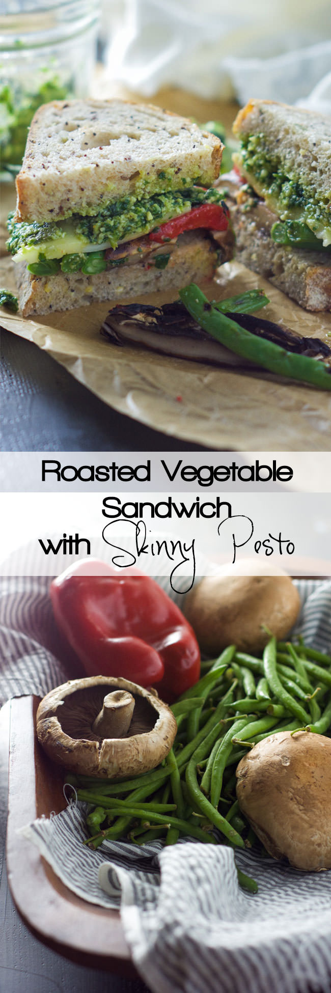A sandwich that is full of flavor! Farmers Market Roasted Vegetable Sandwich with Skinny Pesto is loaded with fresh vegetables creamy provolone and layered with a healthy pesto sauce!