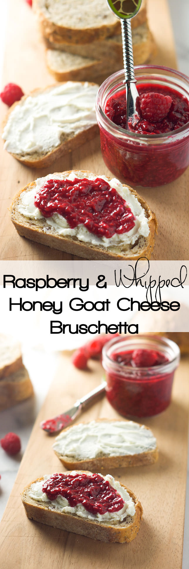 A quick, 4 ingredient appetizer! Raspberry and Whipped Honey Goat Cheese Brushcetta is sweet, savory and crunchy all in one bite![