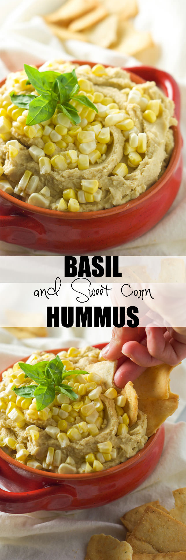 This Sweet Corn & Basil Hummus is filled with summer flavors and only takes 5 minutes to prepare!