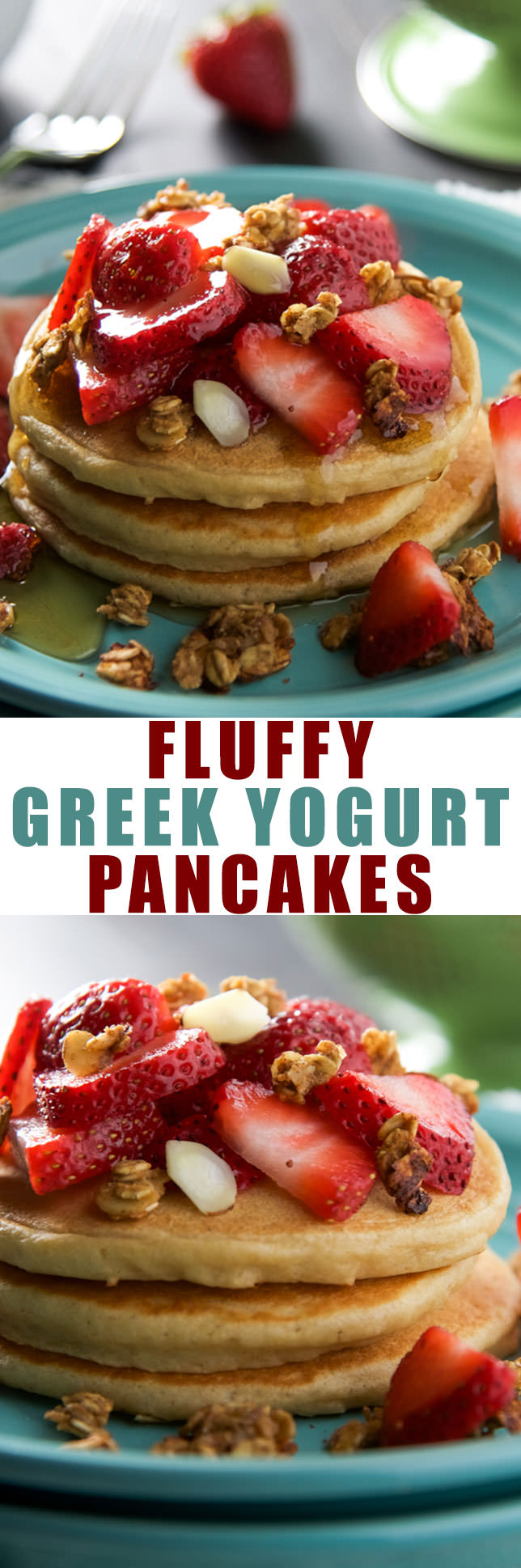 Fluffy and easy, healthy vanilla greek yogurt pancakes you can whip up quickly for a delicious, whole grain breakfast!