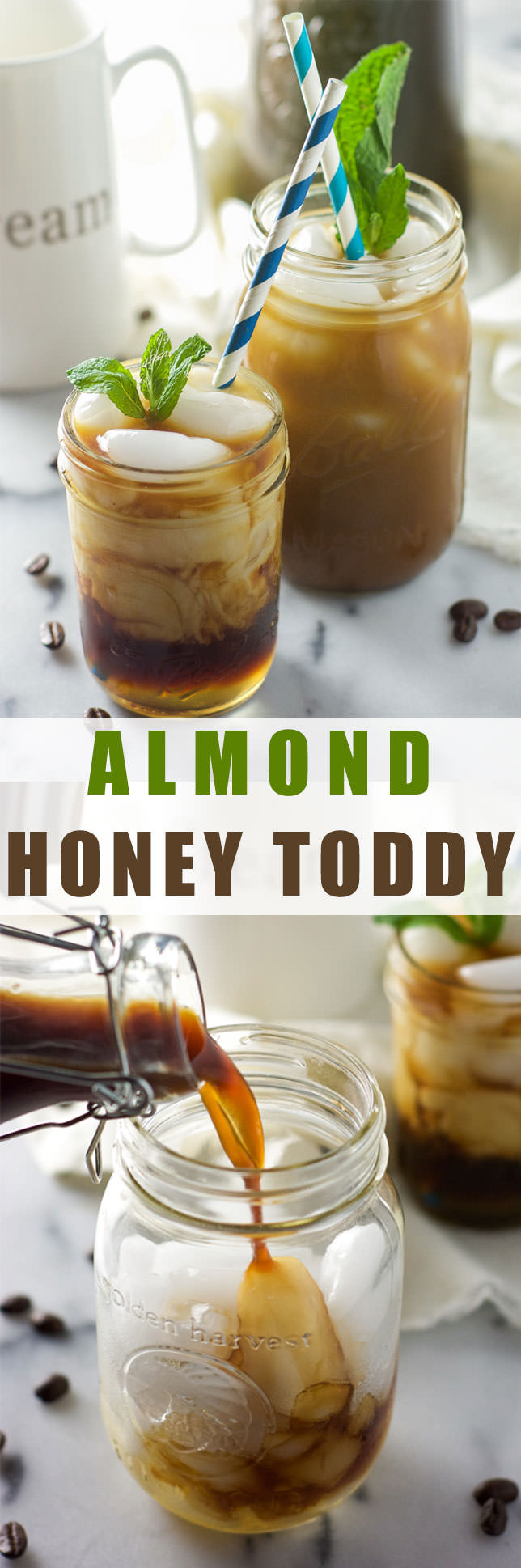 A copycat from a local coffeehouse, Skinny Almond Honey Toddy is a shaken cold brew with vanilla almond milk, and sweetened with honey!