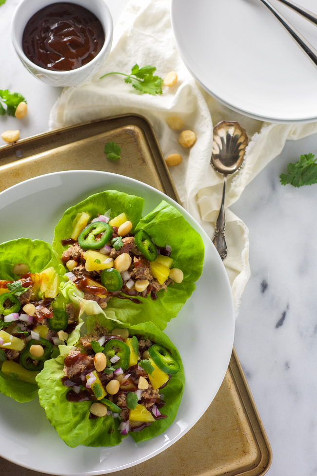 All the flavors of our favorite pizza but in a slimmed down dish! Spicy Pineapple BBQ Pork Lettuce Wraps are sweet, spicy and a quick dinner that is perfect for entertaining or any weeknight!