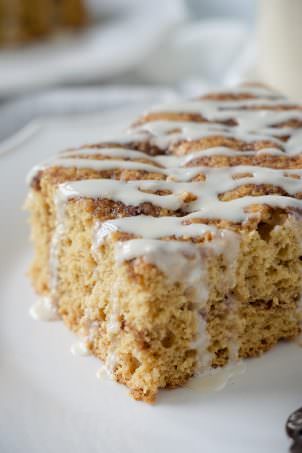 This Caramel Macchiato Coffee Cake is a family favorite, revamped! Tender, cinnamon loaded and perfectly sweet thanks to a secret ingredient!