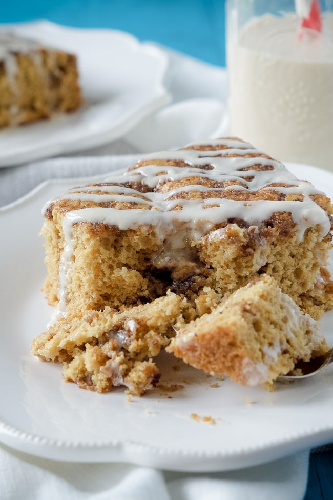 This Caramel Macchiato Coffee Cake is a family favorite, revamped! Tender, cinnamon loaded and perfectly sweet thanks to a secret ingredient! 