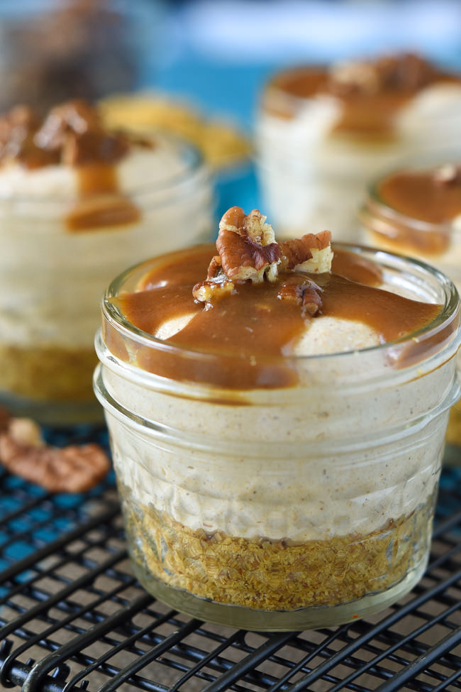 No Bake Pumpkin Cheesecake is a creamy pumpkin flavored mousse over sweetened graham cracker crust and finished with a nutty, caramel drizzle!
