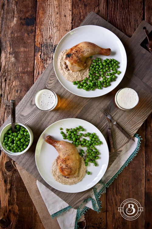Roasted Beer Brined Chicken Legs over Grilled Corn Puree | The Beeroness