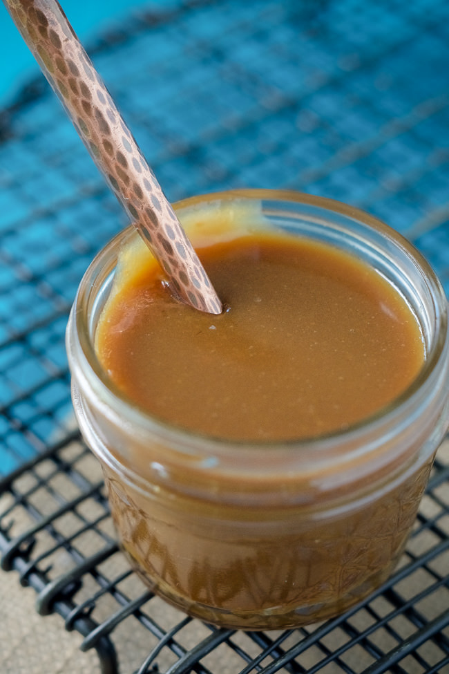 This Lighter Salted Caramel Sauce couldn't be any easier to make and is lightened up! Perfect for drizzling over ice cream, cake or just by the spoonful!