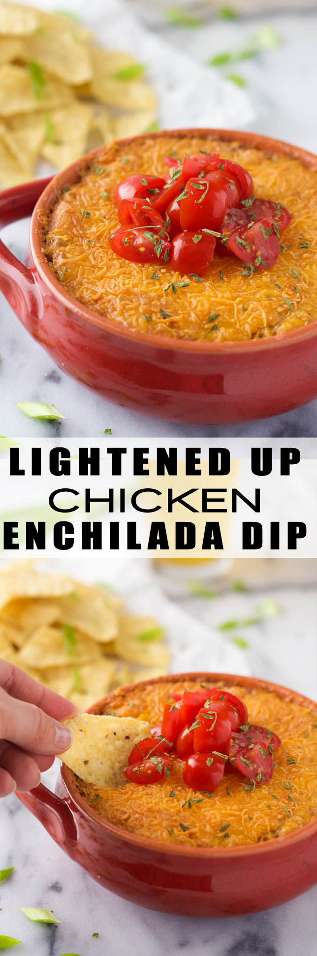 This {Lightened Up} Chicken Enchilada Dip is a family favorite turned into a crowd pleaser! Bubbly and gooey cheese dip filled with taco-spiced chicken and greek yogurt to make it healthier!