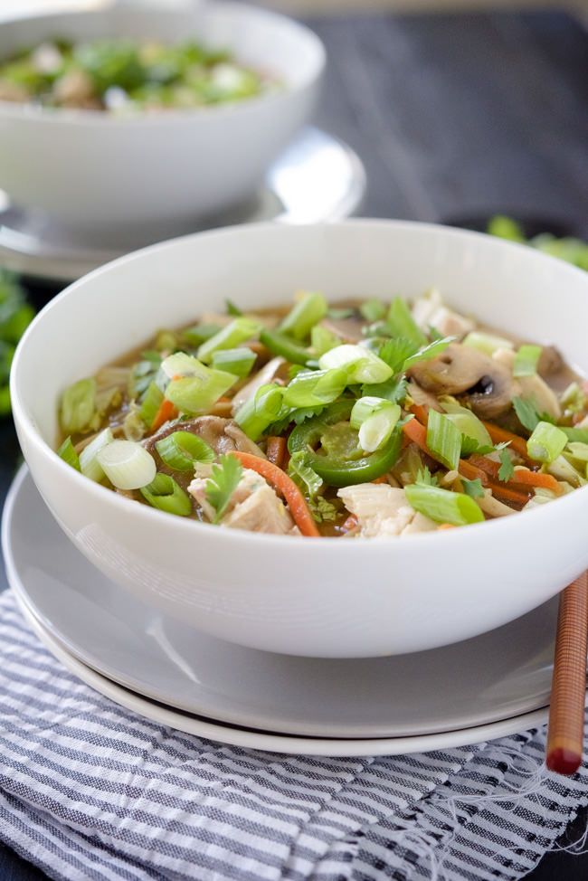 Chicken Udon Bowls are a Japenese chicken noodle soup! Made with juicy chicken, udon noodles, tender crisp vegetables all in a ginger broth with a bit of spice. An easy, yet delicious dinner!