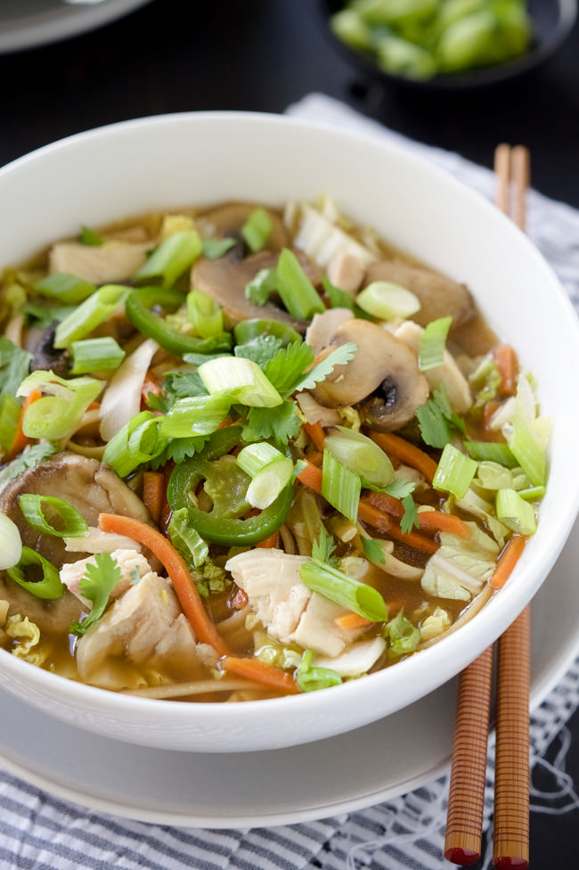 Chicken Udon Bowls are a Japenese chicken noodle soup! Made with juicy chicken, udon noodles, tender crisp vegetables all in a ginger broth with a bit of spice. An easy, yet delicious dinner!