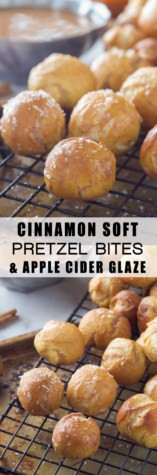 Homemade and easy Cinnamon Soft Pretzel Bites get a fall makeover! Loaded with cinnamon and coated in a light apple cider glaze!