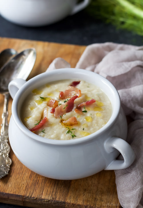 This creamy Roasted Fennel Cauliflower Soup will be the star of the fall! Packed with rich flavor then topped with chili infused oil and crispy bacon – only 156 calories a serving!