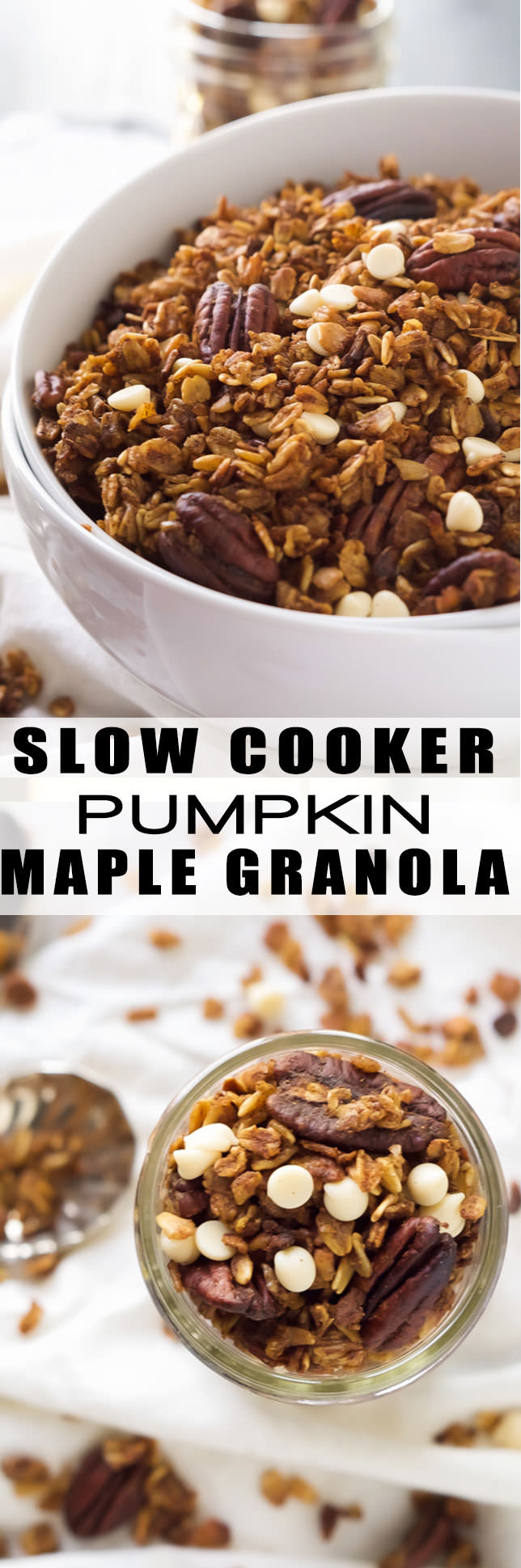 A slow cooker makes this granola so easy to make! Filled with fall flavors, this Slow Cooker Pumpkin Granola has roasted pecans, cranberries and white chocolate!