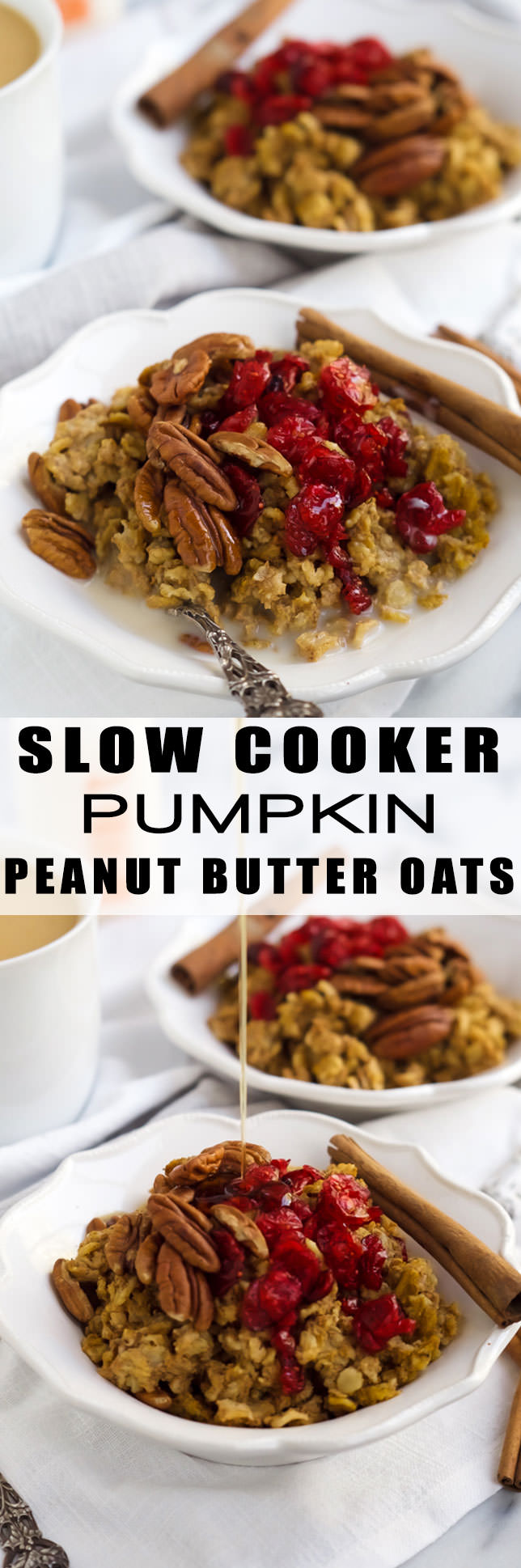 Slow Cooker Pumpkin Peanut Butter Oatmeal is super simple and loaded with pumpkin, peanut butter, oats, cinnamon and touch of brown sugar for the perfect fall breakfast!
