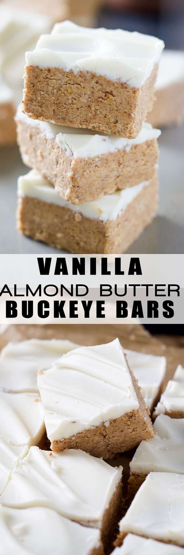 An update to the classic recipe, Vanilla Almond Butter Buckeye Bars are filled with creamy almond butter and coated in a creamy white chocolate coating! The hardest part is waiting for them to chill!