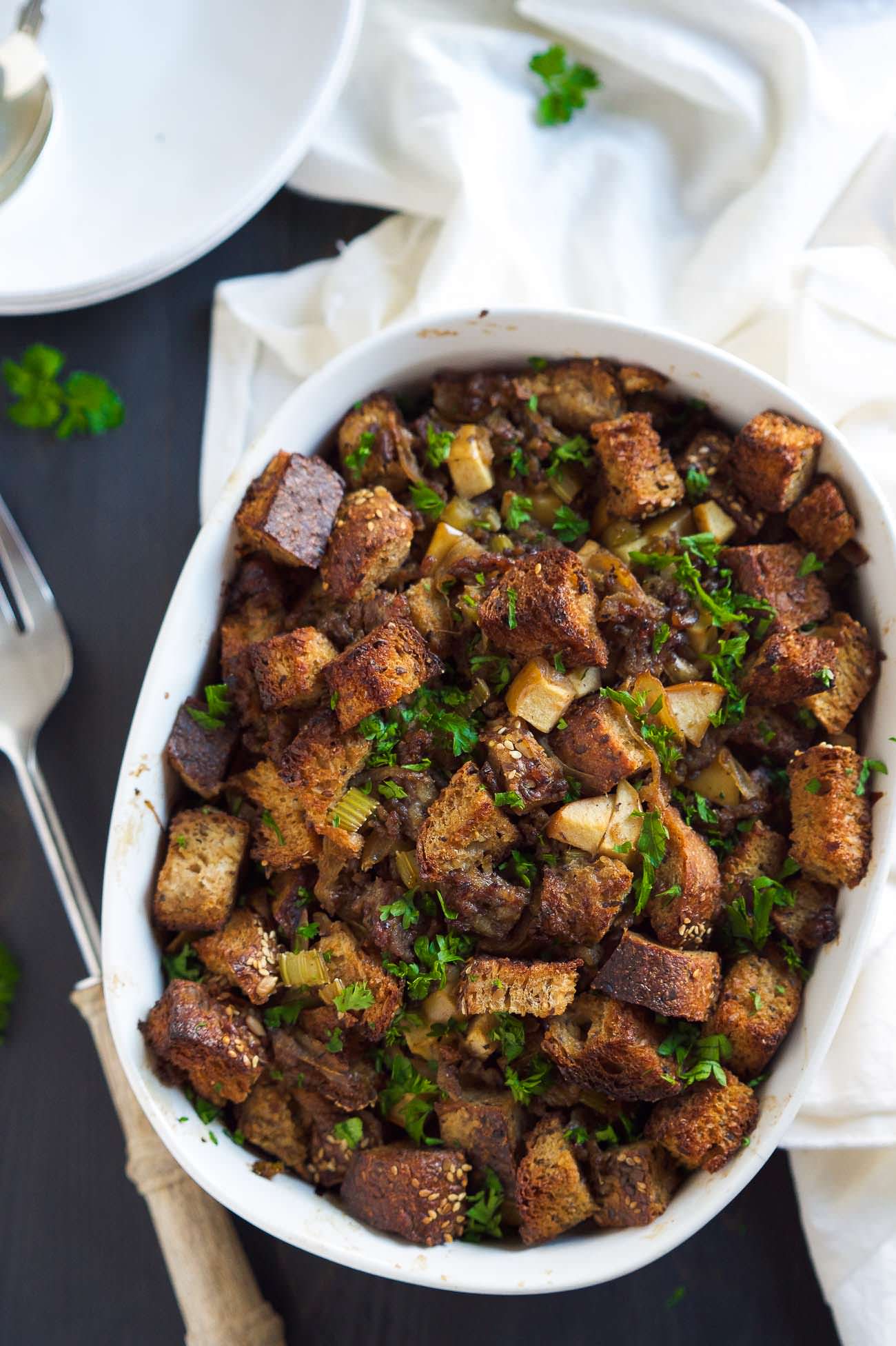 This Caramelized Onion, Apple and Sausage Whole Grain Stuffing is a sweet and savory, flavor-packed stuffing your Thanksgiving table needs. Everyone will love the savory sausage, sweet apples and buttery caramelized onions.