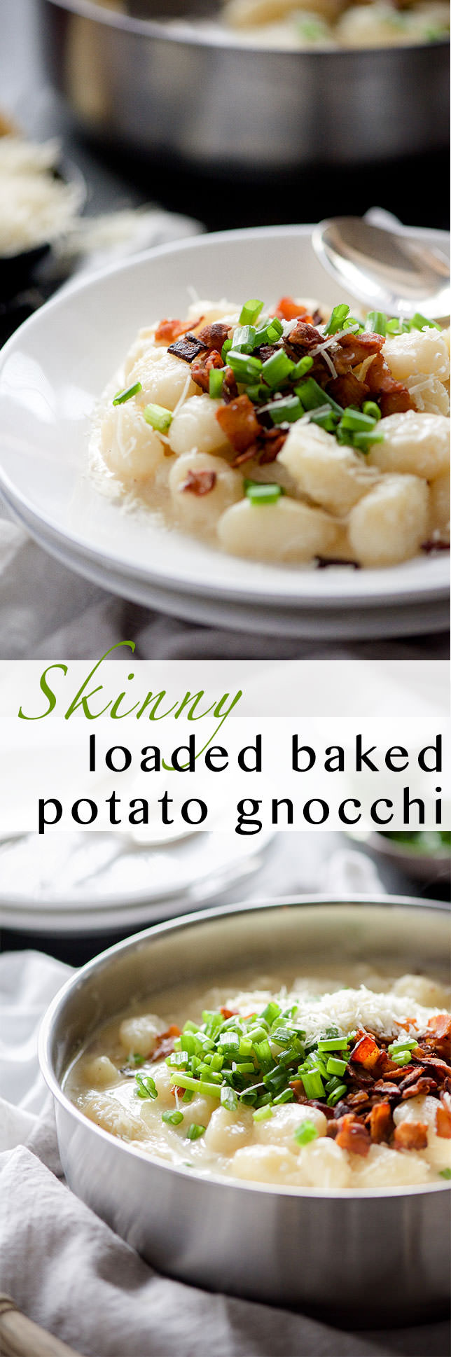 Loaded Baked Potato Gnocchi is a creamy one pot meal with a luscious parmesan sauce, crisp bacon and topped with green onions. A healthier and new take on a loaded baked potato!