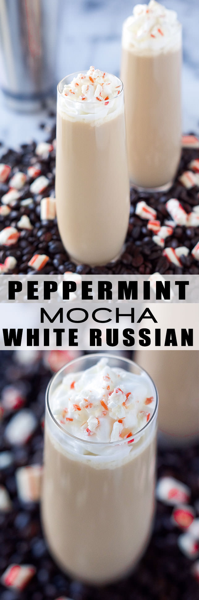 This Peppermint Mocha White Russian is a festive cocktail! The classic drink with a peppermint and chocolate twist! 