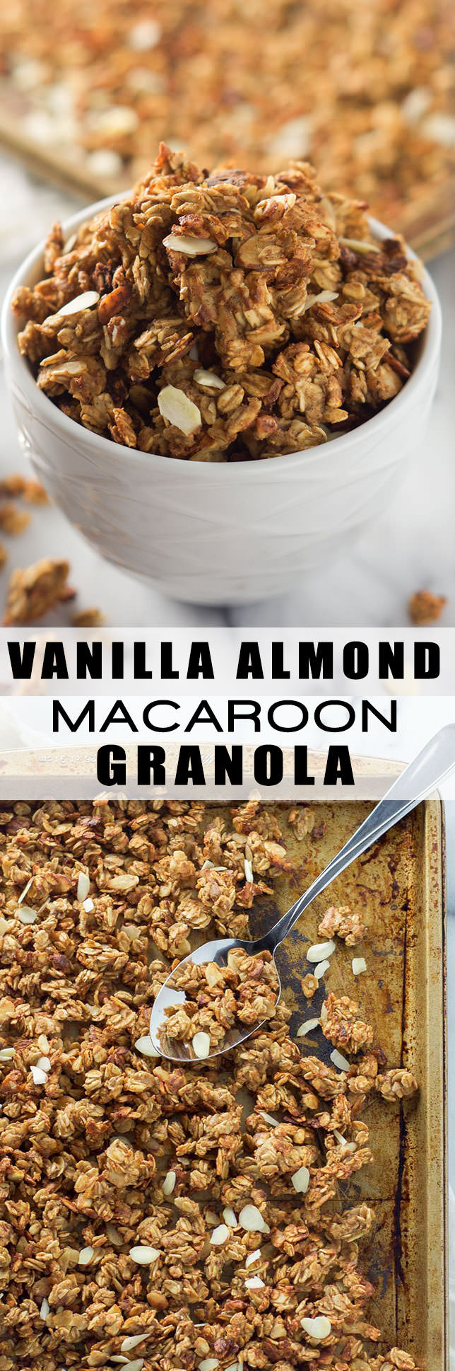 Vanilla Almond Macaroon Granola is a blend of toasted coconut, almonds and honey that tastes like you are eating a vanilla macaroon cookie!
