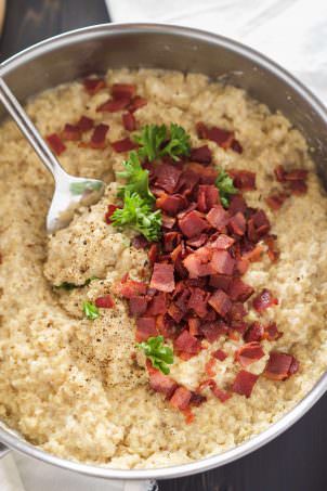 Goat Cheese & Mushroom Quinoa Risotto is a shortcut version of the classic risotto! Creamy goat cheese, bacon and quinoa come together in under 30 minutes and require minimal hands on time; making this the perfect healthy, side dish!