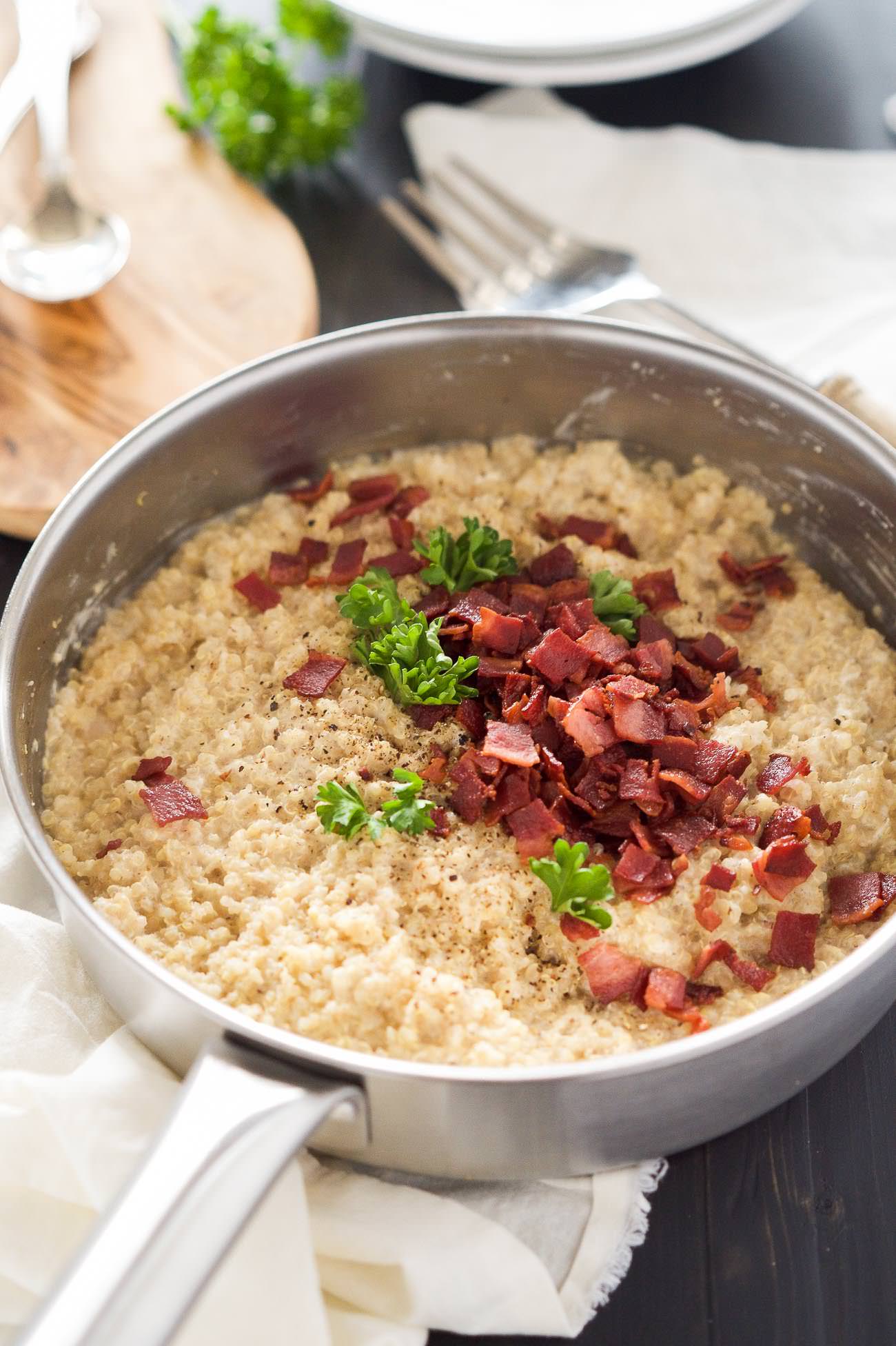 Goat Cheese & Bacon Quinoa Risotto is a shortcut version of the classic risotto! Creamy goat cheese, bacon and quinoa come together in under 30 minutes and requires minimal hands on time; making this the perfect healthy, side dish!