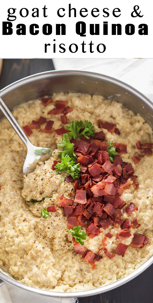 Goat Cheese & Mushroom Quinoa Risotto is a shortcut version of the classic risotto! Creamy goat cheese, bacon and quinoa come together in under 30 minutes and requires minimal hands on time; making this the perfect healthy, side dish!