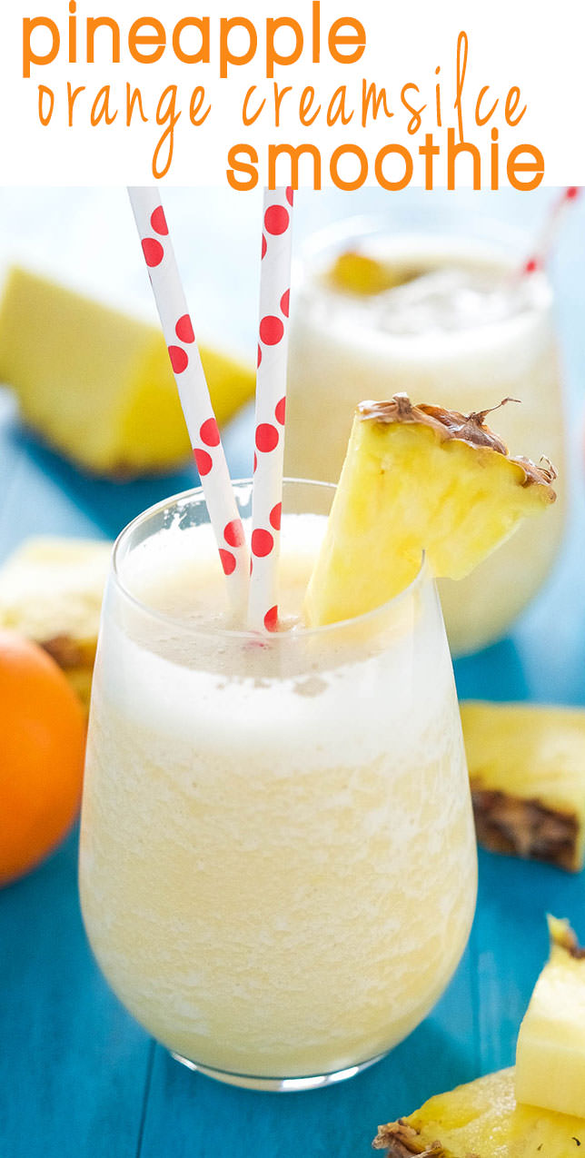 This creamy, 5 ingredient smoothie tastes like a tropical cocktail and an orange julius! A protein and vitamin C packed treat to start your day or get you through a long afternoon!