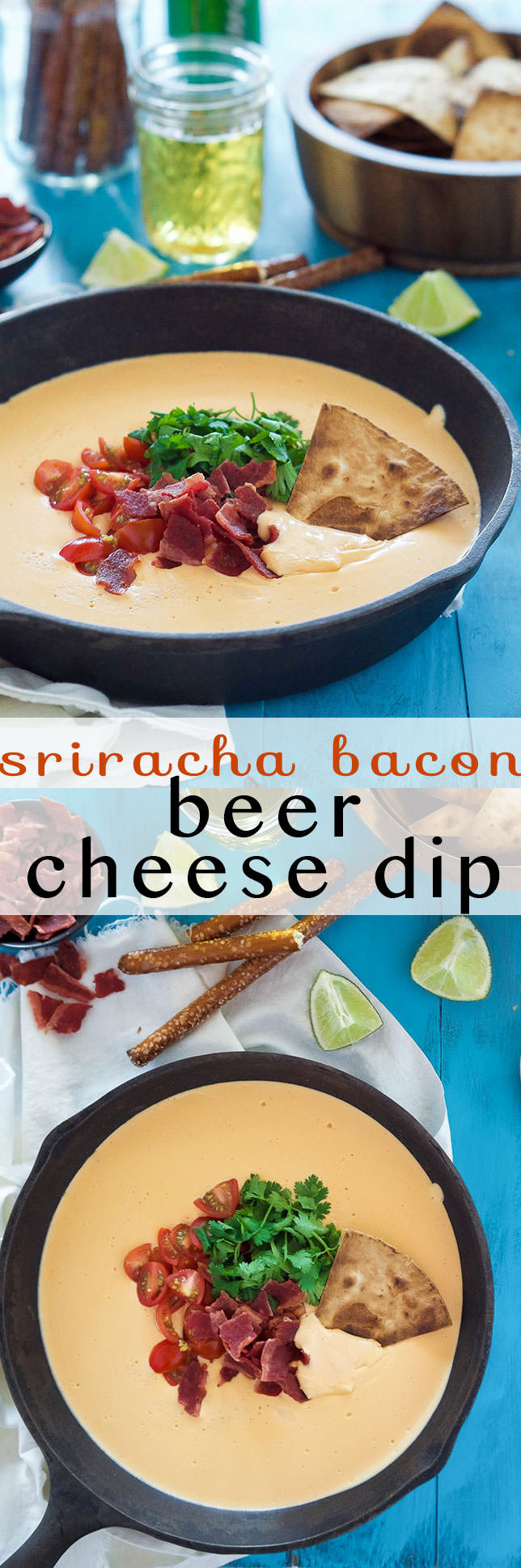 Sriracha Bacon Beer Cheese Dip is an irresistible, 4 ingredient appetizer that is creamy, cheesy, loaded with flavorful toppings and only takes only 15 minutes to make! It will be the hit at any party!