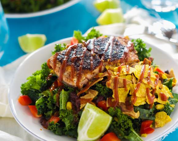 BBQ Salmon Kale Salad is a healthy and updated version of the classic BBQ salad! Filled with bold flavors, crunchy kale, crispy vegetables and all toss in a Honey Chipotle Vinaigrette! One easy to prepare salad you will fall in love with!