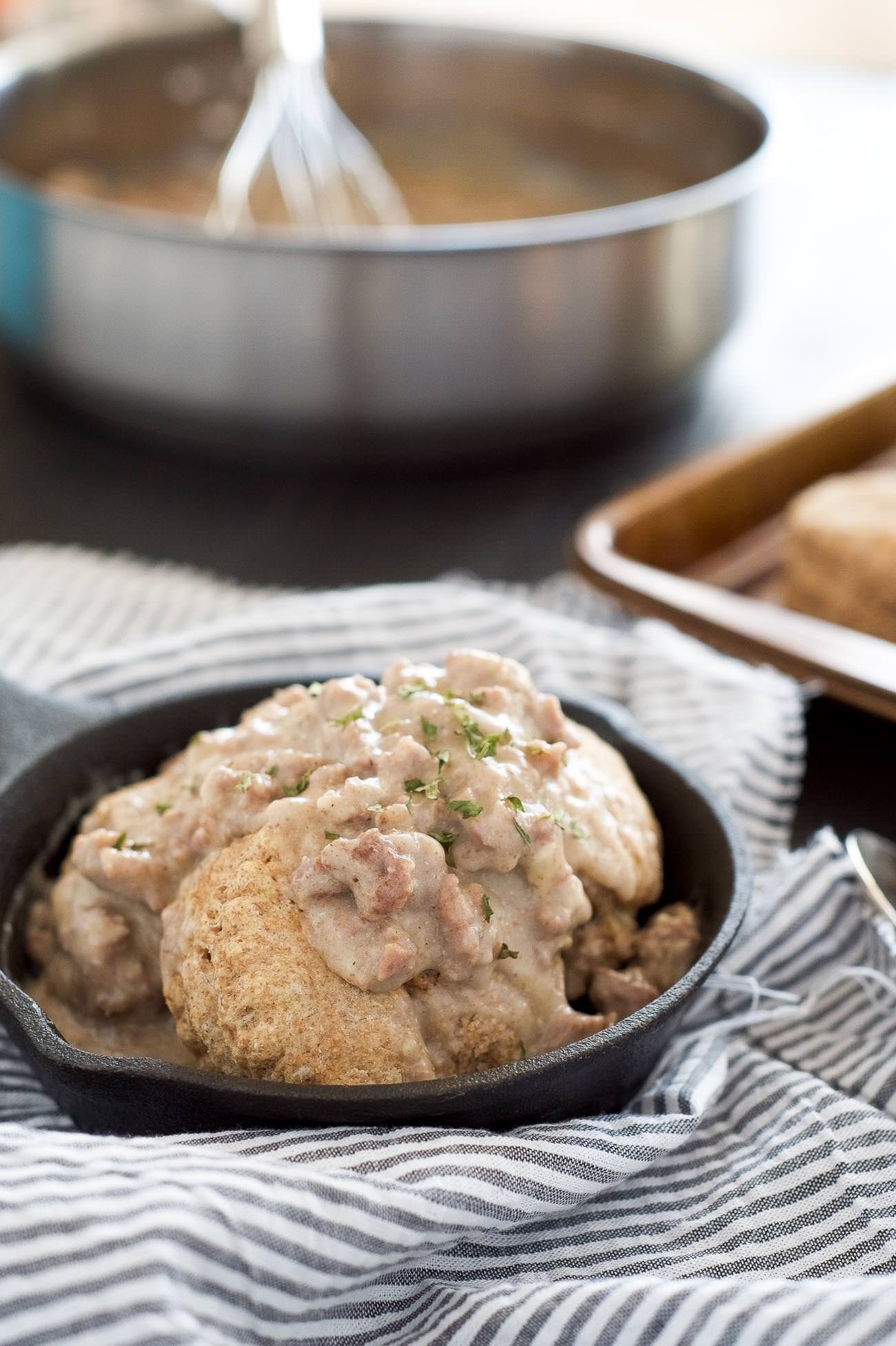 Skinny Biscuits and Gravy with Maple Sausage Gravy is a brunch favorite that has been lightened up with whole wheat biscuits, turkey sausage and a touch of maple in gravy! 