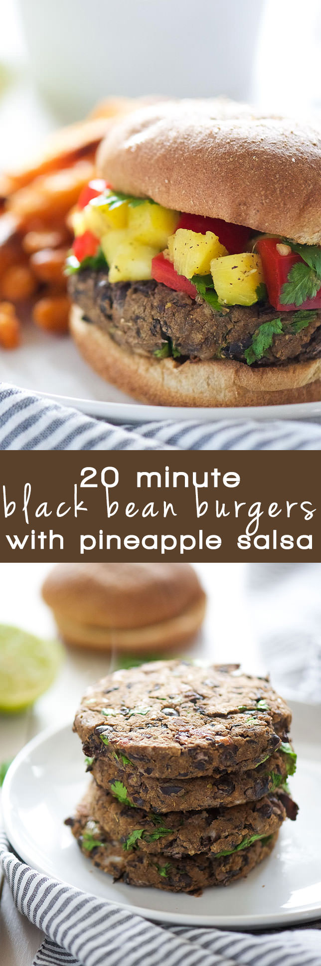 Take a bite out of these 20 Minute, homemade black bean burgers that come together with pantry items and topped with a sweet, pineapple salsa! 