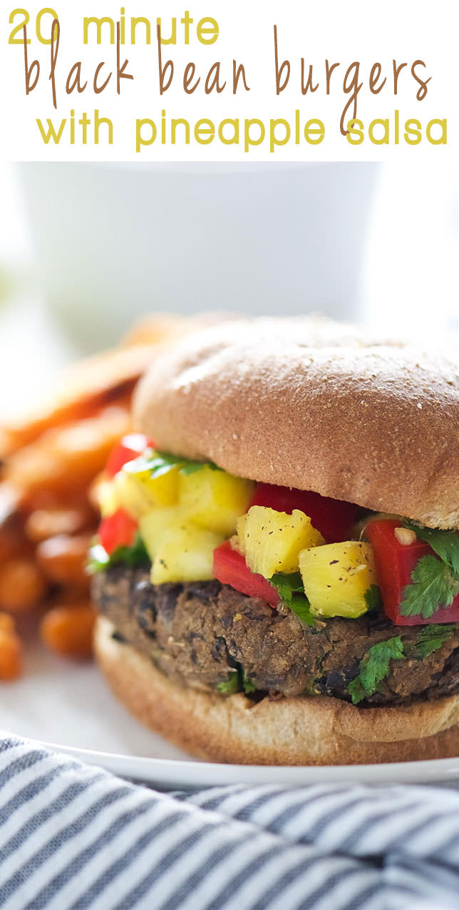 Take a bite out of these 20 Minute, homemade black bean burgers that come together with pantry items and topped with a sweet, pineapple salsa! 
