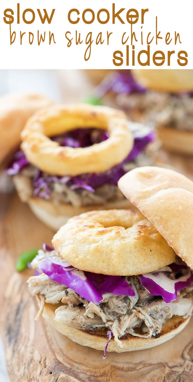 Brown Sugar Pulled Chicken Sandwiches have the most tender, slightly sweet chicken! The slow cooker makes dinner a breeze for these sliders that are topped with a tangy homemade honey mustard sauce and crispy onion rings. Perfect for dinner, get togethers or game day!
