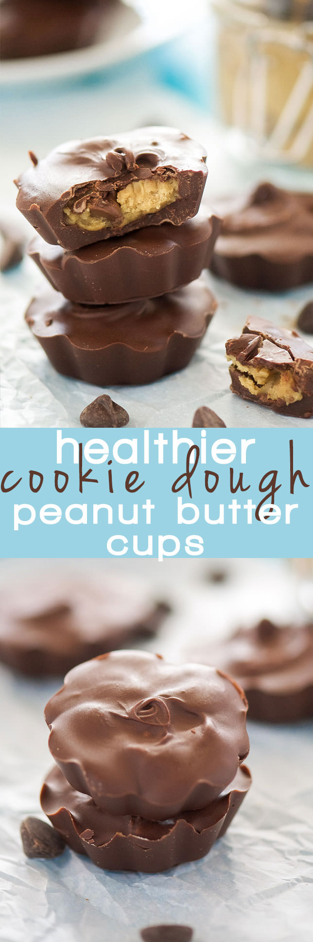 Healthy Cookie Dough Peanut Butter Cups are a upgraded, homemade peanut butter cups! Stuffed with skinny peanut butter cookie dough, these cups are perfect for holidays or to beat that sweet tooth!