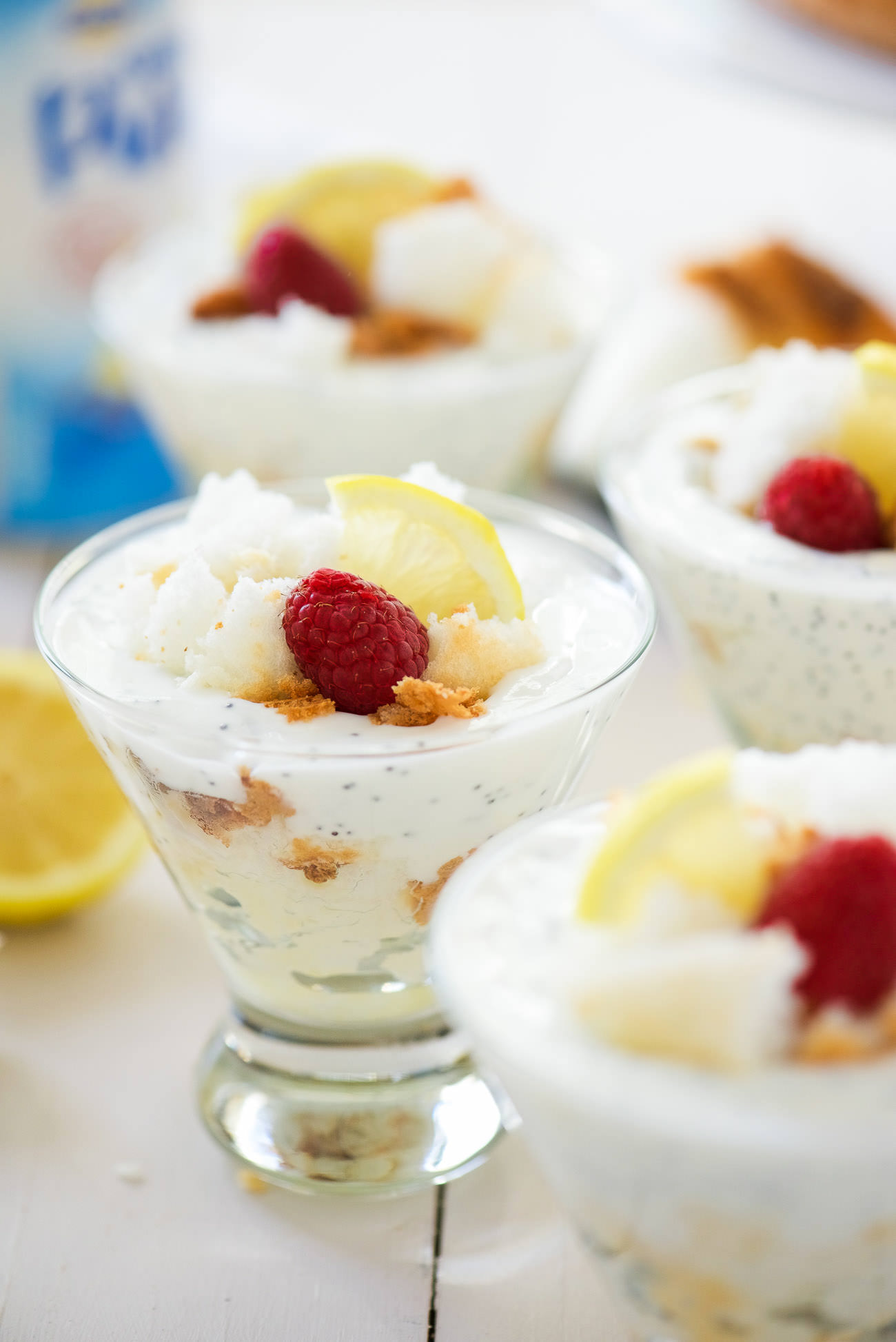Lemon Poppy Seed Angel Food Trifles are the perfect light dessert! A quick treat with a lemon poppy seed yogurt and sweet, angel food cake crumbles!